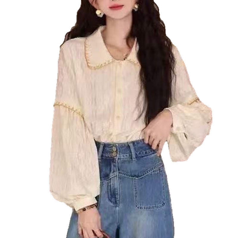 Cămașă pentru femei cu mâneci lungi, stil franțuzesc, material poliester, guler rever, lungime standardă 50–65 cm, stil cardigan Xiaoxiangfeng