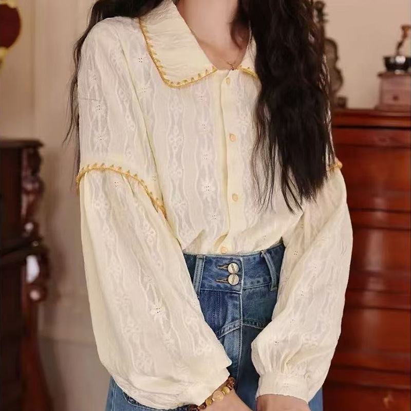 Cămașă pentru femei cu mâneci lungi, stil franțuzesc, material poliester, guler rever, lungime standardă 50–65 cm, stil cardigan Xiaoxiangfeng