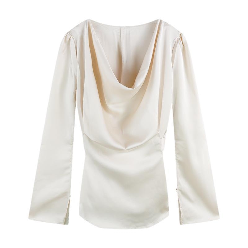 Satenska košulja s dugim rukavima, jednobojna, naglašeni struk, pull-over stil, mješavina poliester