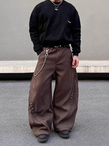 Ανδρικά παντελόνια Patchwork με rivet, χαλαρή εφαρμογή, φαρδιά πόδια, πολυεστέρας 95%+