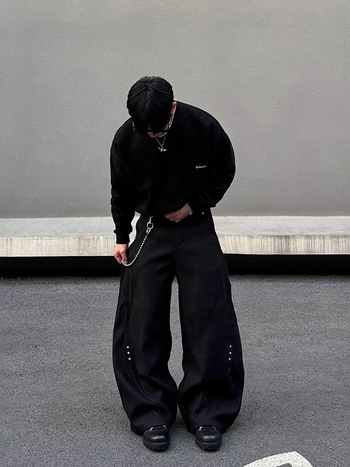 Ανδρικά παντελόνια Patchwork με rivet, χαλαρή εφαρμογή, φαρδιά πόδια, πολυεστέρας 95%+