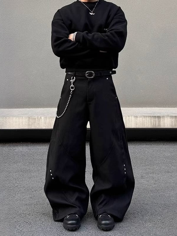 Ανδρικά παντελόνια Patchwork με rivet, χαλαρή εφαρμογή, φαρδιά πόδια, πολυεστέρας 95%+