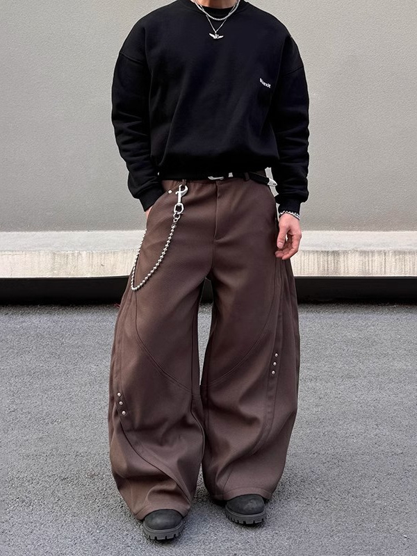 Ανδρικά παντελόνια Patchwork με rivet, χαλαρή εφαρμογή, φαρδιά πόδια, πολυεστέρας 95%+