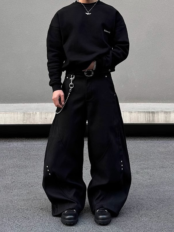 Ανδρικά παντελόνια Patchwork με rivet, χαλαρή εφαρμογή, φαρδιά πόδια, πολυεστέρας 95%+