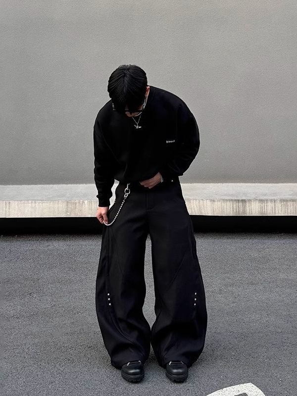 Ανδρικά παντελόνια Patchwork με rivet, χαλαρή εφαρμογή, φαρδιά πόδια, πολυεστέρας 95%+