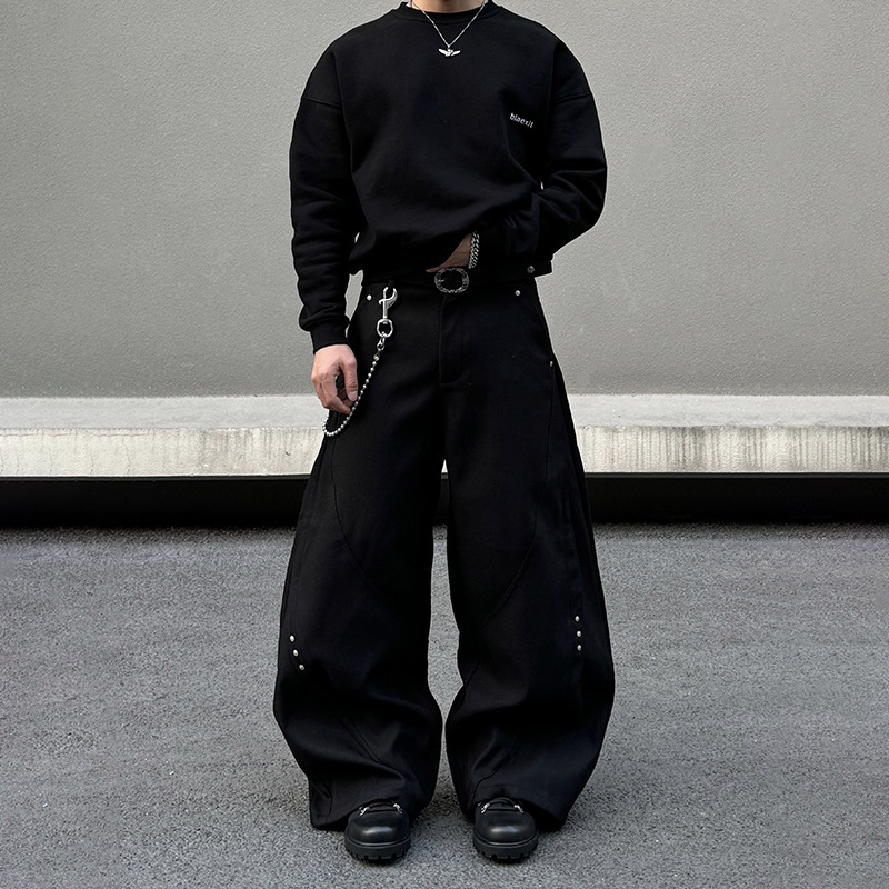 Ανδρικά παντελόνια Patchwork με rivet, χαλαρή εφαρμογή, φαρδιά πόδια, πολυεστέρας 95%+