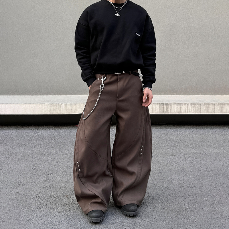 Ανδρικά παντελόνια Patchwork με rivet, χαλαρή εφαρμογή, φαρδιά πόδια, πολυεστέρας 95%+