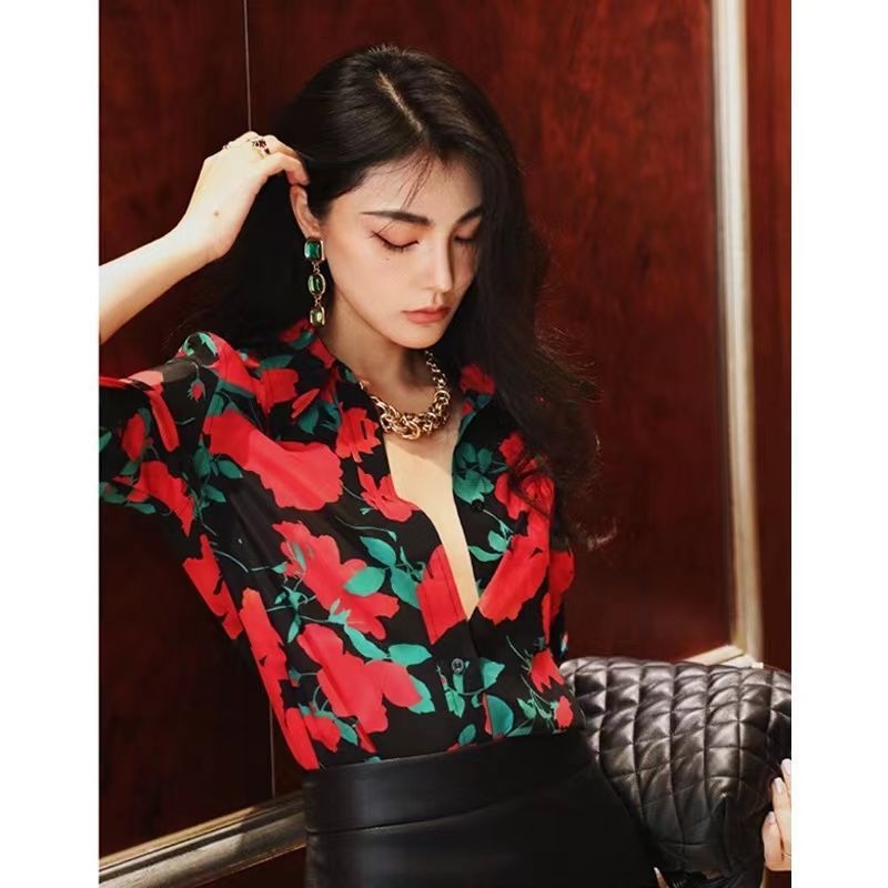 Ženska košulja s retro floralnim uzorkom, duge rukave, polo ovratnik, srednja duljina, poliester materijal