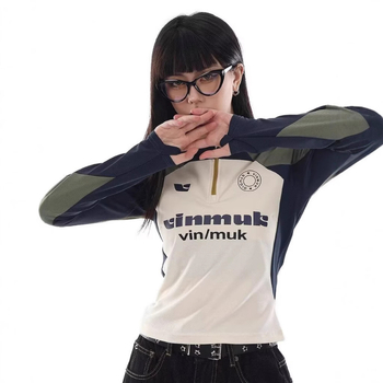 Majica s dugim rukavima od poliestera, okrugli izrez, tekstni uzorak, opušteni japansko-korejski stil