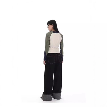 Majica s dugim rukavima od poliestera, okrugli izrez, tekstni uzorak, opušteni japansko-korejski stil