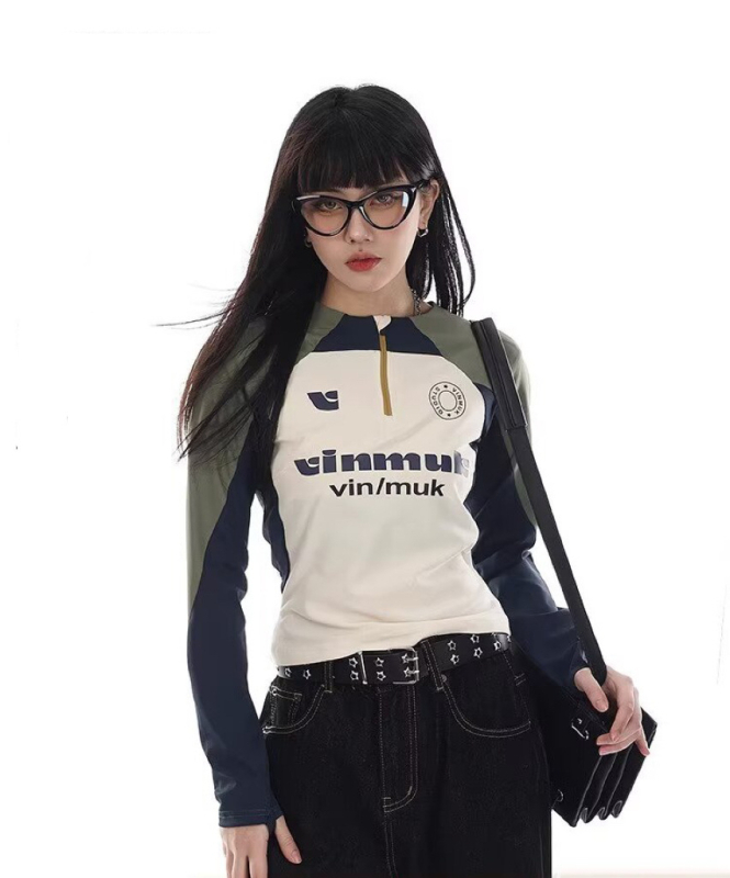 Majica s dugim rukavima od poliestera, okrugli izrez, tekstni uzorak, opušteni japansko-korejski stil
