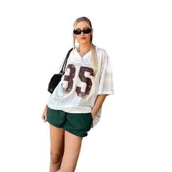 Ženski T‑shirt od jagnjeće vune s digitalnim printom, kratki rukav, V-izrez, slobodan kroj