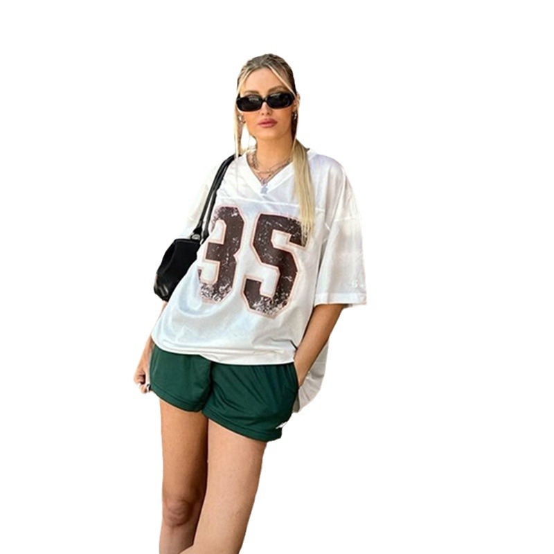 Ženski T‑shirt od jagnjeće vune s digitalnim printom, kratki rukav, V-izrez, slobodan kroj