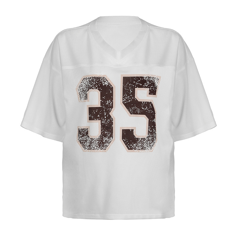 Ženski T‑shirt od jagnjeće vune s digitalnim printom, kratki rukav, V-izrez, slobodan kroj