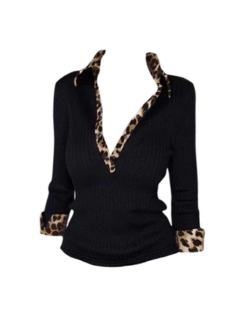 Majica s dugim rukavima s leopard printom, V izrez, paneli koláže, uski kroj