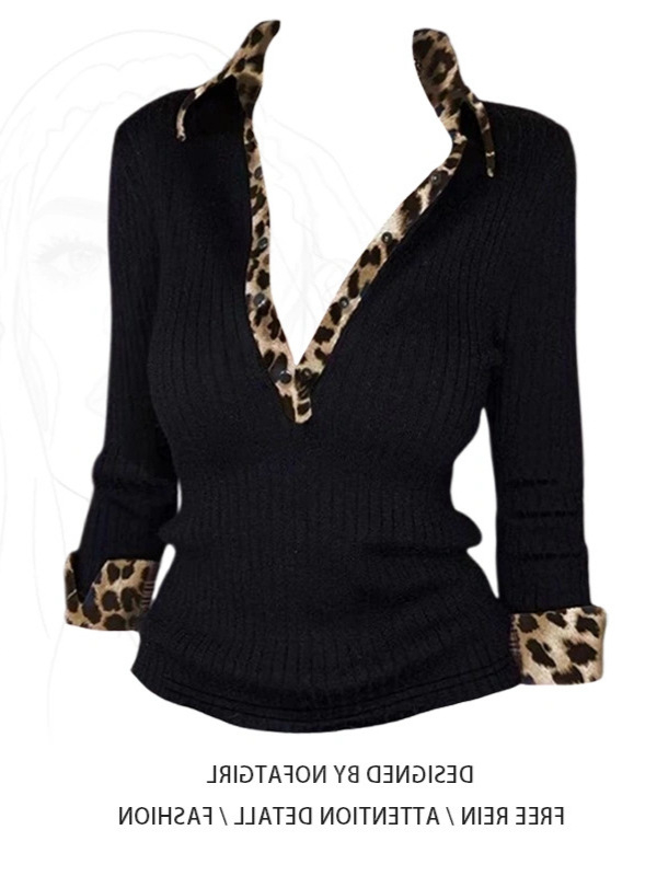 Majica s dugim rukavima s leopard printom, V izrez, paneli koláže, uski kroj