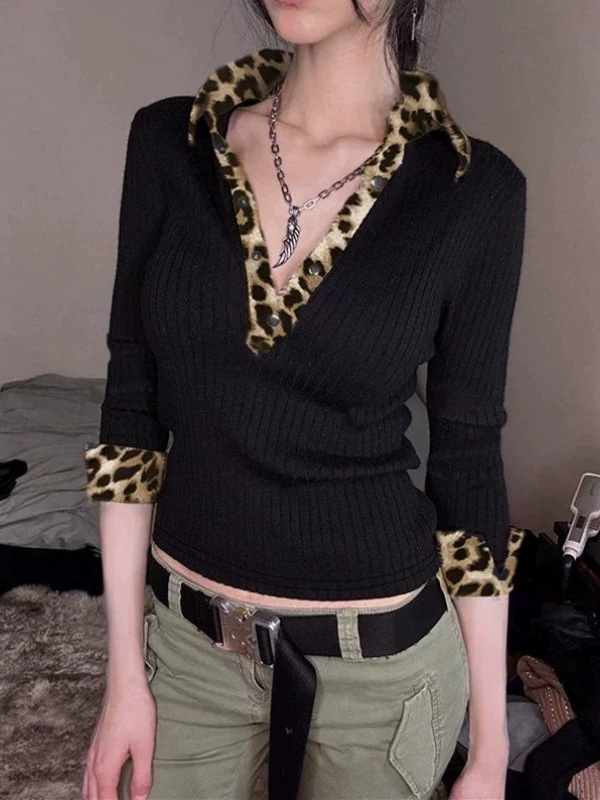 Majica s dugim rukavima s leopard printom, V izrez, paneli koláže, uski kroj
