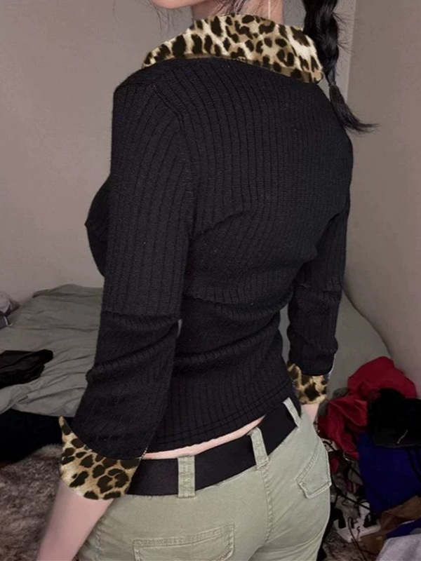 Majica s dugim rukavima s leopard printom, V izrez, paneli koláže, uski kroj