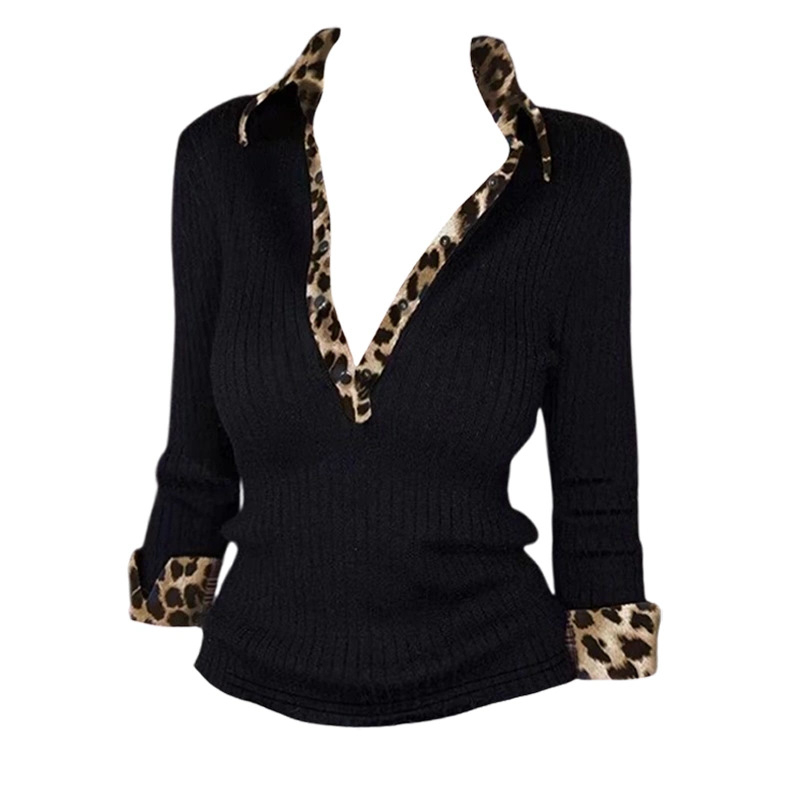 Majica s dugim rukavima s leopard printom, V izrez, paneli koláže, uski kroj