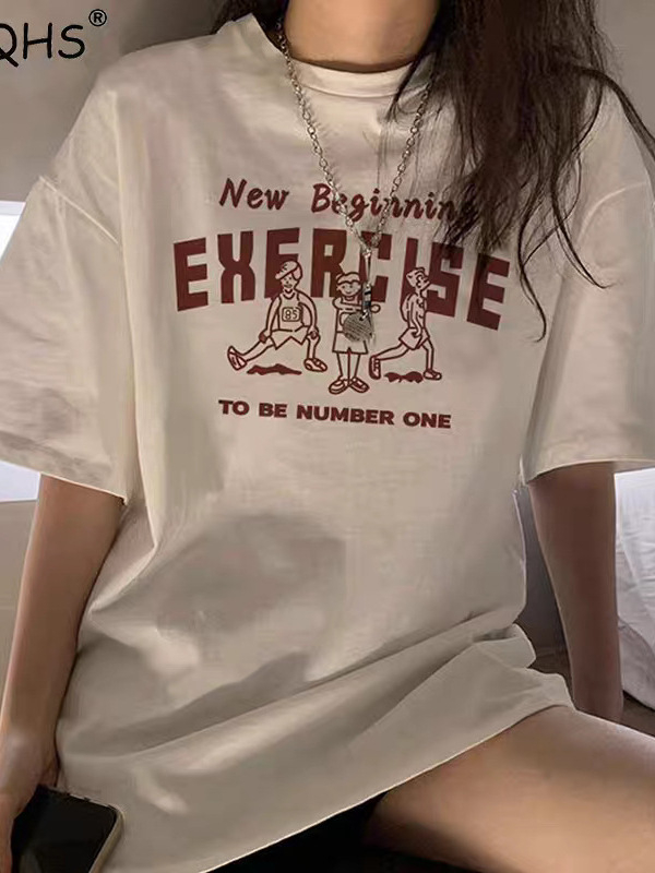 Ženski pamučni T-shirt s tiskom slova, udoban slobodan kroj, kratki rukavi, okrugli izrez, 95% pamuk, proljeće 2025