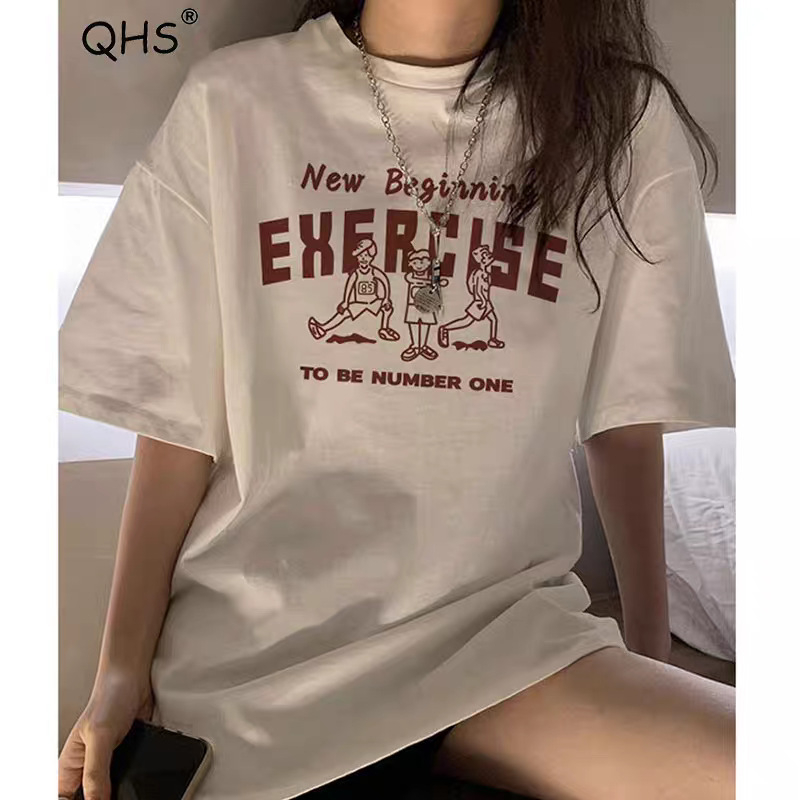 Ženski pamučni T-shirt s tiskom slova, udoban slobodan kroj, kratki rukavi, okrugli izrez, 95% pamuk, proljeće 2025