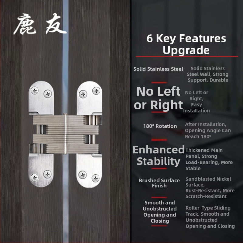 Skriveni križni šarki za vrata | LY-A1-A7 | cinkov spoj + nehrđajući čelik | završna obrada: žičano navlačenje + satenski nikl | moderni minimalistički stil