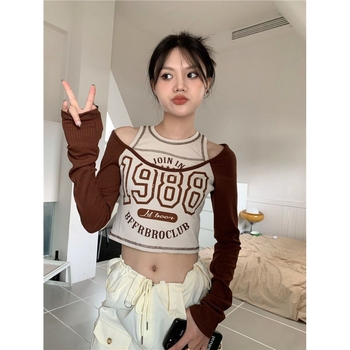 Poliészter női hosszú ujjú felső szöveges mintával, karcsú fazon, kerek nyakú, rövid hosszúságú 40–50 cm, városi stílus