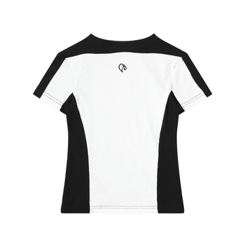 Női színblokkolt vállú rövid ujjú póló, pull-over stílusú, street hipster, slim fit (Fő anyag: pamut és elasztán 50–70%; Gallér: kerek; Ujj: rövid; Hossz: normál 50–65 cm)