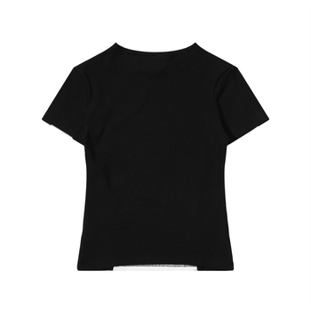 Női színblokkolt vállú rövid ujjú póló, pull-over stílusú, street hipster, slim fit (Fő anyag: pamut és elasztán 50–70%; Gallér: kerek; Ujj: rövid; Hossz: normál 50–65 cm)