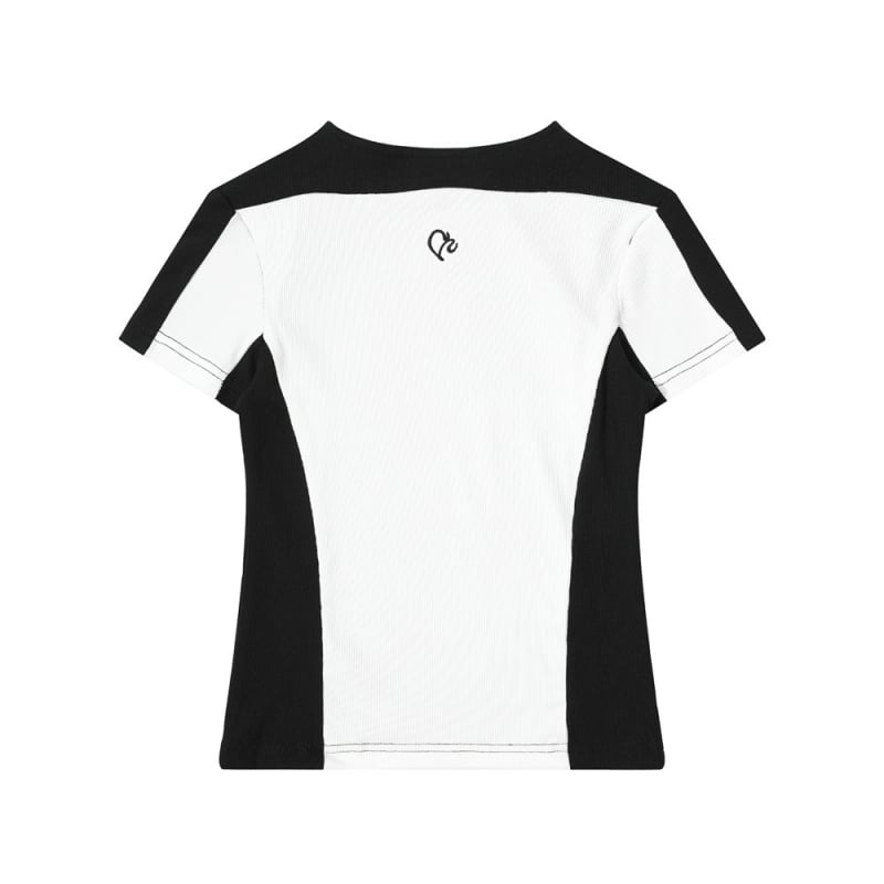 Női színblokkolt vállú rövid ujjú póló, pull-over stílusú, street hipster, slim fit (Fő anyag: pamut és elasztán 50–70%; Gallér: kerek; Ujj: rövid; Hossz: normál 50–65 cm)