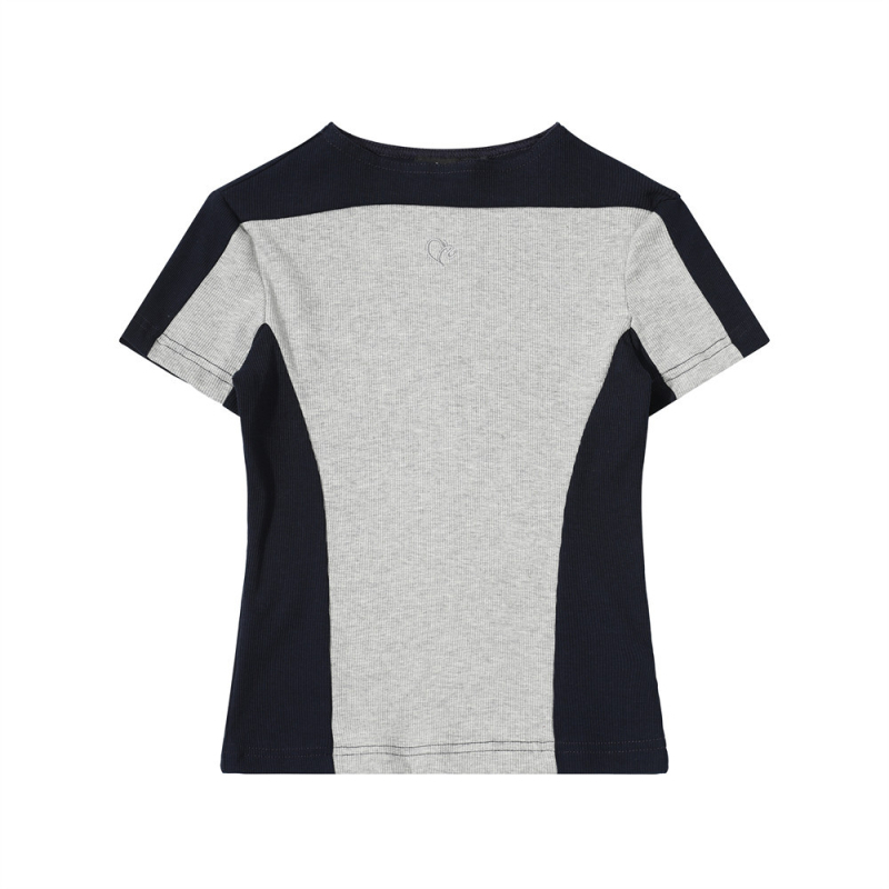 Női színblokkolt vállú rövid ujjú póló, pull-over stílusú, street hipster, slim fit (Fő anyag: pamut és elasztán 50–70%; Gallér: kerek; Ujj: rövid; Hossz: normál 50–65 cm)