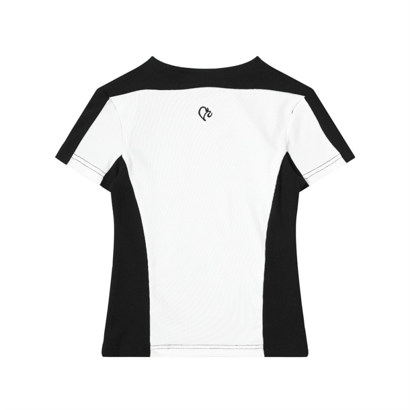 Női színblokkolt vállú rövid ujjú póló, pull-over stílusú, street hipster, slim fit (Fő anyag: pamut és elasztán 50–70%; Gallér: kerek; Ujj: rövid; Hossz: normál 50–65 cm)