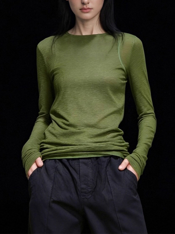 Majica s dugim rukavima od poliestera, okrugli izrez, slim fit, jednobojni dizajn