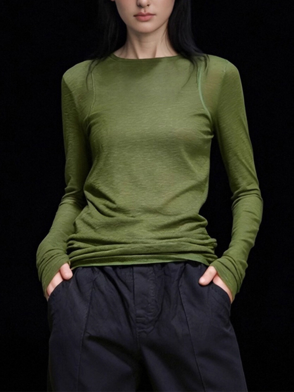 Majica s dugim rukavima od poliestera, okrugli izrez, slim fit, jednobojni dizajn