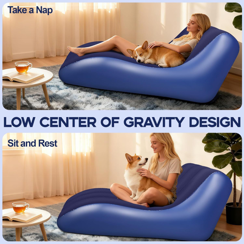 Nafuknu kauč od flokiranog PVC-a, prenosna vanjska ležaljka za odrasle, težina 2,6 kg, podesiva debljina, jednostavan moderan dizajn