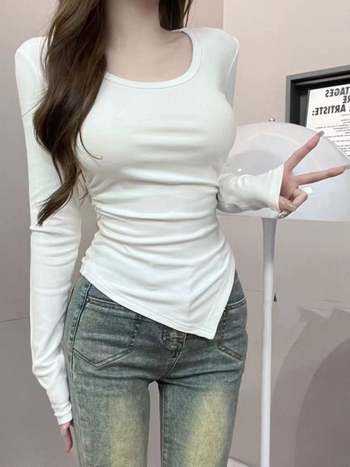 Női U-nyakú felső, hosszú ujjú, karcsúsított, poliészter-spandex keverék, japán-koreai lezser stílus, 2024 ősz