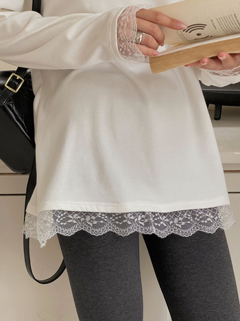 apxivi Pamukasta majica s čipkom, korejski stil, okrugli izrez, dugi rukav, ležeran kroj, zimski slojeviti gornji dio, srednja duljina 65–80 cm, W411B