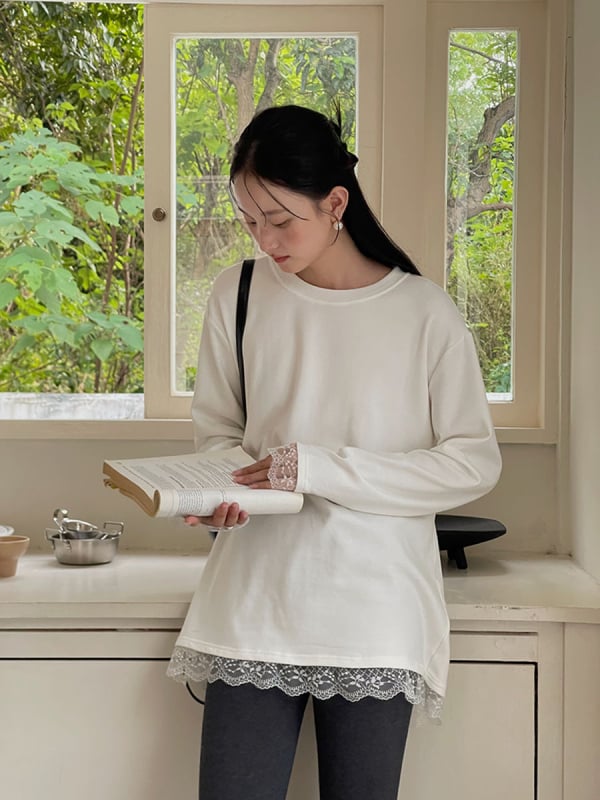 apxivi Pamukasta majica s čipkom, korejski stil, okrugli izrez, dugi rukav, ležeran kroj, zimski slojeviti gornji dio, srednja duljina 65–80 cm, W411B
