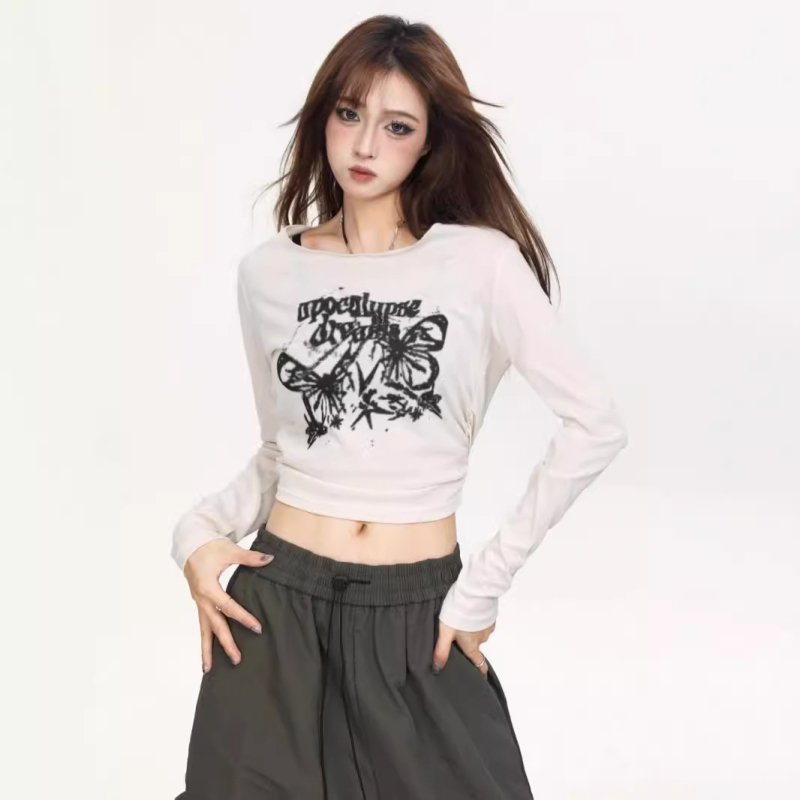 Majica s printom leptira, dugi rukavi, poliester, okrugli izrez, uski kroj, korejski casual stil