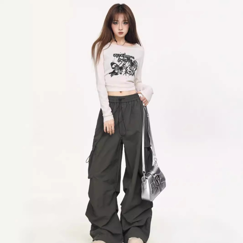 Majica s printom leptira, dugi rukavi, poliester, okrugli izrez, uski kroj, korejski casual stil