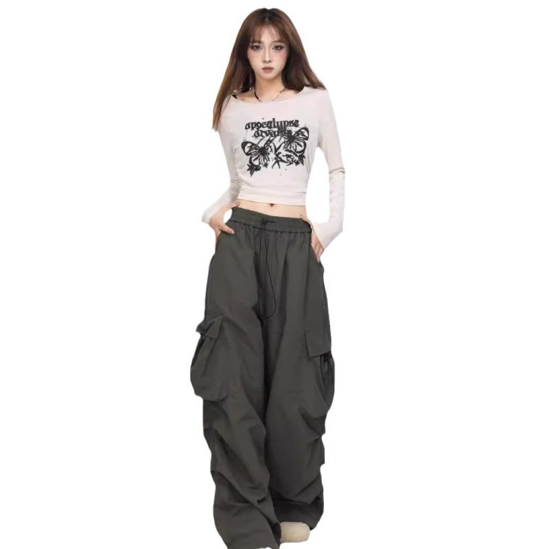 Majica s printom leptira, dugi rukavi, poliester, okrugli izrez, uski kroj, korejski casual stil