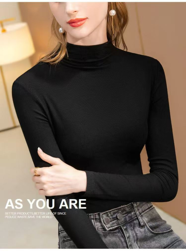 Ženska majica s dugim rukavima od pamuka-spandeksa, jednofarbna, mali rol kragnica, slim fit, pulover stil