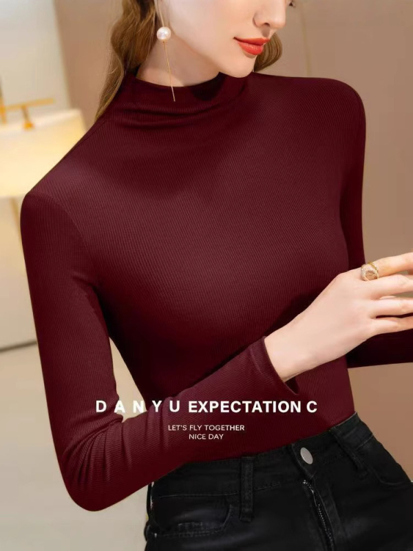 Ženska majica s dugim rukavima od pamuka-spandeksa, jednofarbna, mali rol kragnica, slim fit, pulover stil