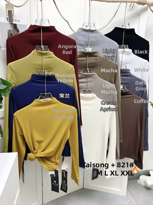 Ženska majica s dugim rukavima od pamuka-spandeksa, jednofarbna, mali rol kragnica, slim fit, pulover stil