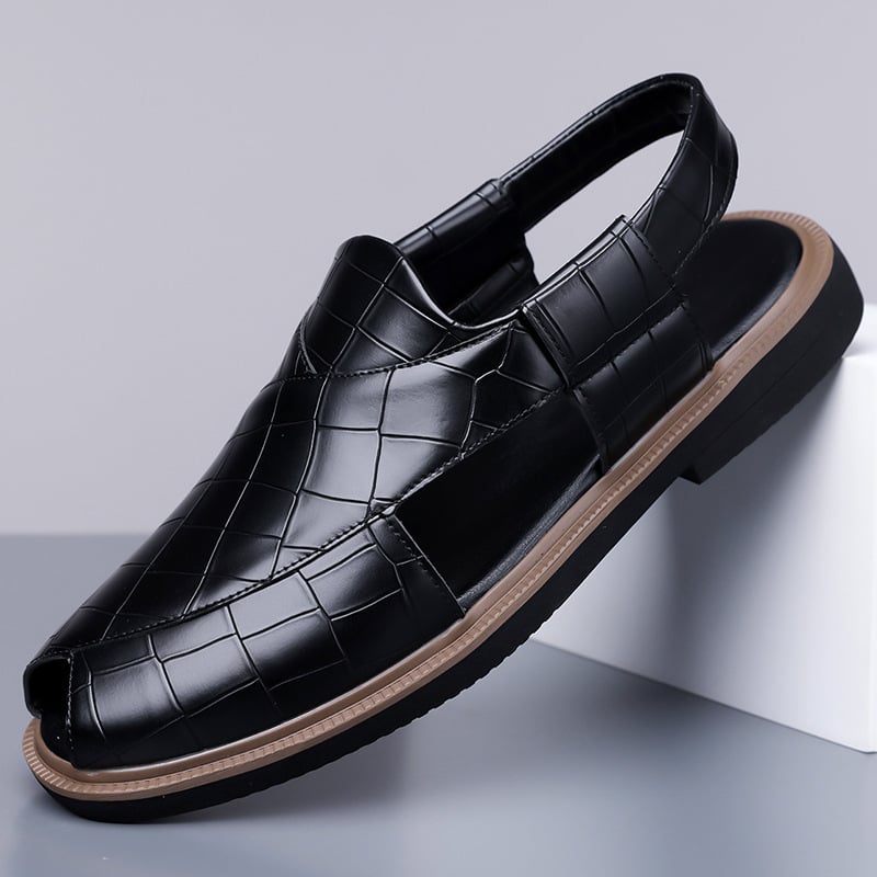 Férfi szandálok, felső rész szintetikus mikroszálból, gumitalp, fűzővel záródó, üzleti stílus vastag talppal.