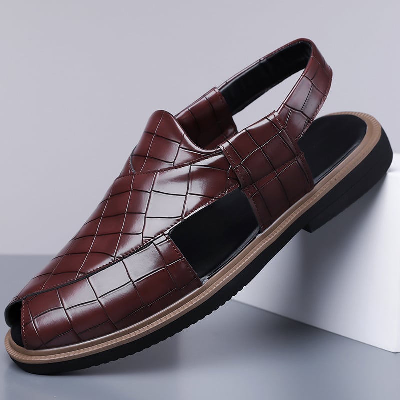 Férfi szandálok, felső rész szintetikus mikroszálból, gumitalp, fűzővel záródó, üzleti stílus vastag talppal.