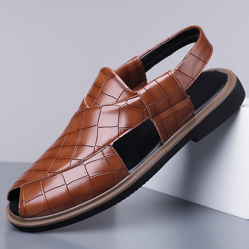 Férfi szandálok, felső rész szintetikus mikroszálból, gumitalp, fűzővel záródó, üzleti stílus vastag talppal.