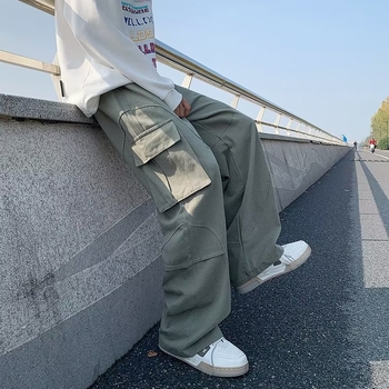 Pantaloni de lucru casual, buzunare multiple, croială lejeră, bumbac, talie medie, închidere cu șnur