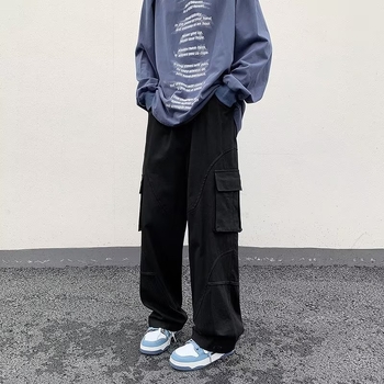 Pantaloni de lucru casual, buzunare multiple, croială lejeră, bumbac, talie medie, închidere cu șnur