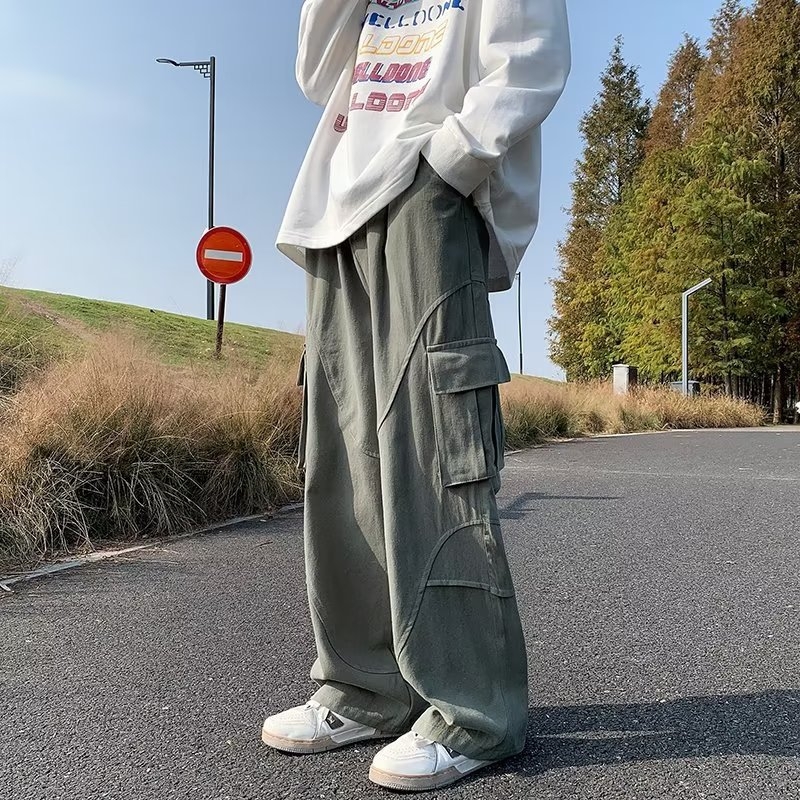 Pantaloni de lucru casual, buzunare multiple, croială lejeră, bumbac, talie medie, închidere cu șnur